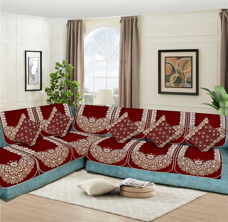 SAWNA HOMES Velvet L Shape 7 Seater Sofa Cover Set with 5 Cushion Cover | 3+2+1 Seater Sofa Cover for Living Room, Drawing Room and Hall | Sofa Seat Protector Slip and Back Covers, 10 Pieces (Maroon) - Image 1