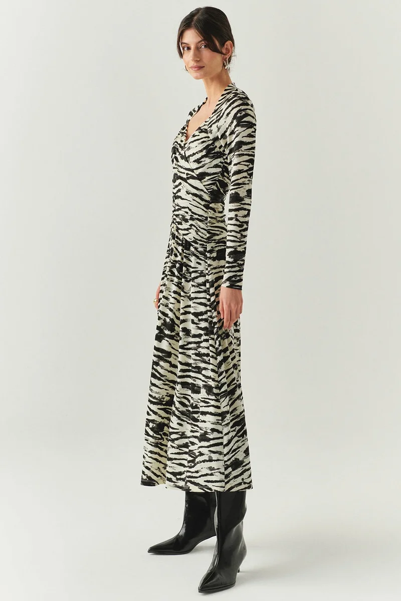 EXQUISE Wrap Neck Long Sleeve Slim Fit Knitted Midi Black Bone Dress