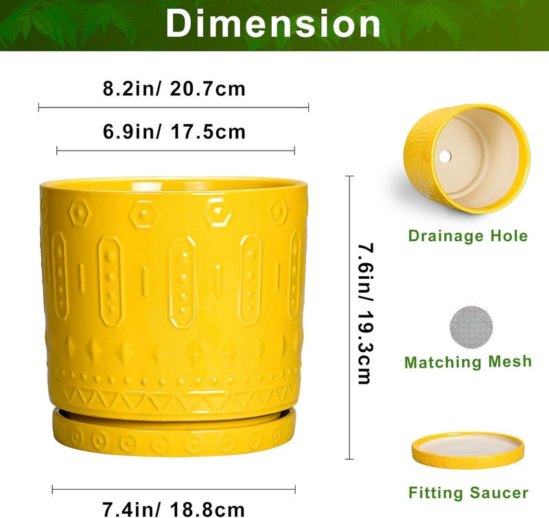 Eightpot 8 Inch Ceramic Planter Pot Plant Pot with Drainage Hole and Saucer, Round Large Flower Pot for Indoor Plants Outdoor Garden Planter Pot, Yellow - Image 2