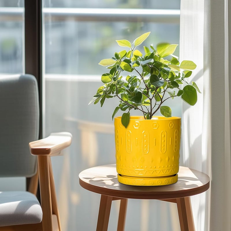 Eightpot 8 Inch Ceramic Planter Pot Plant Pot with Drainage Hole and Saucer, Round Large Flower Pot for Indoor Plants Outdoor Garden Planter Pot, Yellow - Image 3
