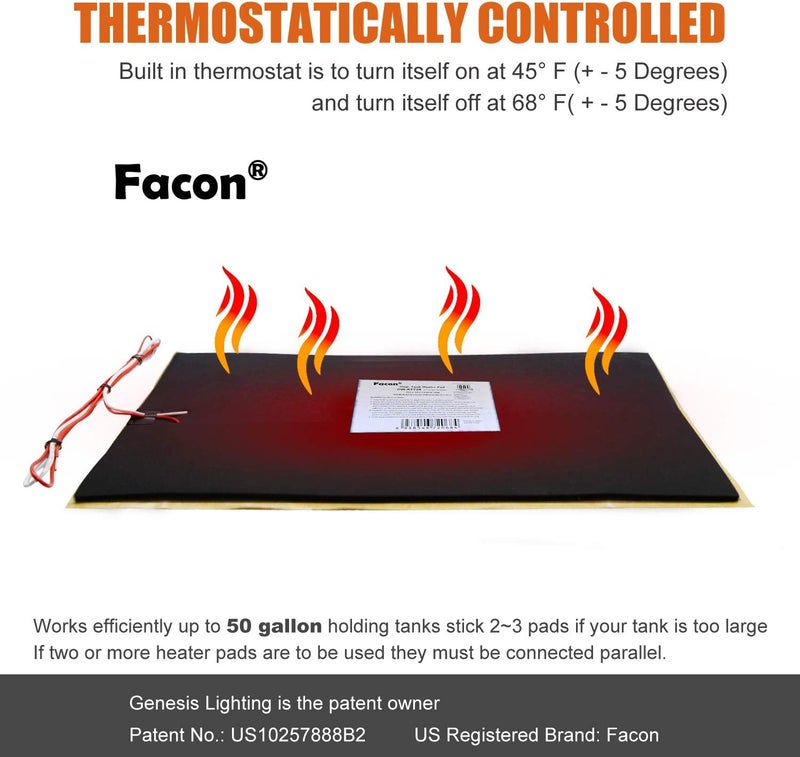 FACON 7-1/4" x 25" RV Tank Heater Pad with Automatic Thermostat - 2Packs, RV Water Tank Heating Pads, Prevents Freezing for Fresh, Grey, Black Water Tanks up to 50 Gallons, QAI Certified - Image 1