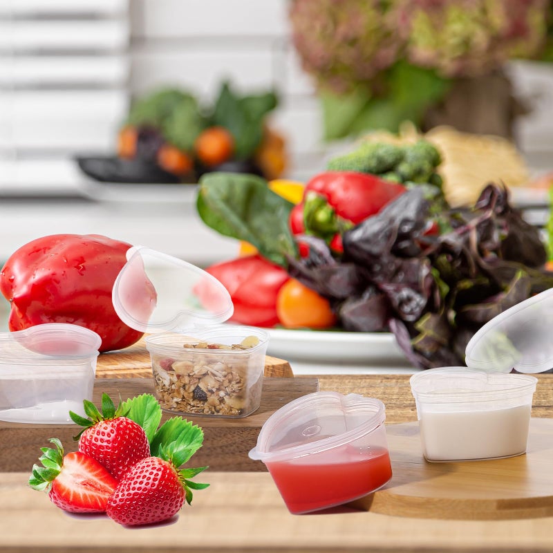 RONRONS 50 Pieces Disposable Sauce Cups with Lids, Plastic Heart Shaped Jello Shot Cup 1.5oz Clear Condiment Dressing Containers, Reusable Seasoning Portion Dispenser for Souffle Sample Slime - Image 3