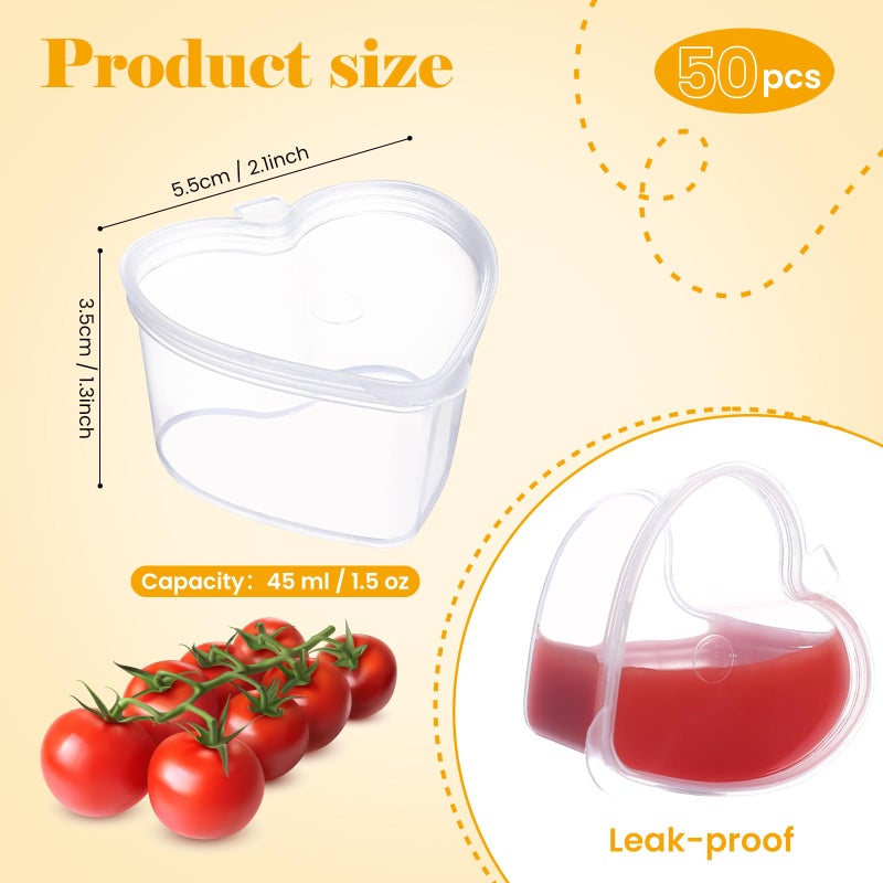 RONRONS 50 Pieces Disposable Sauce Cups with Lids, Plastic Heart Shaped Jello Shot Cup 1.5oz Clear Condiment Dressing Containers, Reusable Seasoning Portion Dispenser for Souffle Sample Slime - Image 2