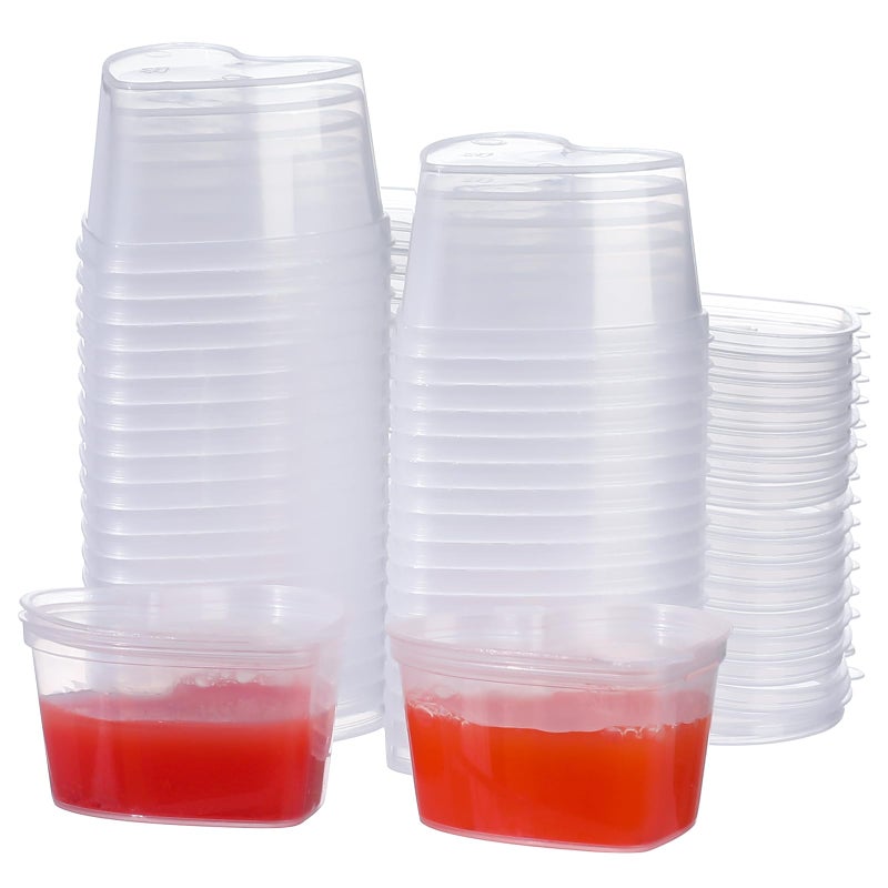 RONRONS 50 Pieces Disposable Sauce Cups with Lids, Plastic Heart Shaped Jello Shot Cup 1.5oz Clear Condiment Dressing Containers, Reusable Seasoning Portion Dispenser for Souffle Sample Slime - Image 1