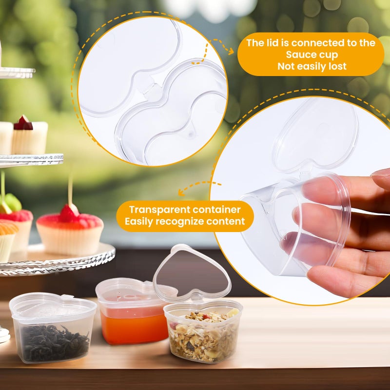 RONRONS 50 Pieces Disposable Sauce Cups with Lids, Plastic Heart Shaped Jello Shot Cup 1.5oz Clear Condiment Dressing Containers, Reusable Seasoning Portion Dispenser for Souffle Sample Slime - Image 5