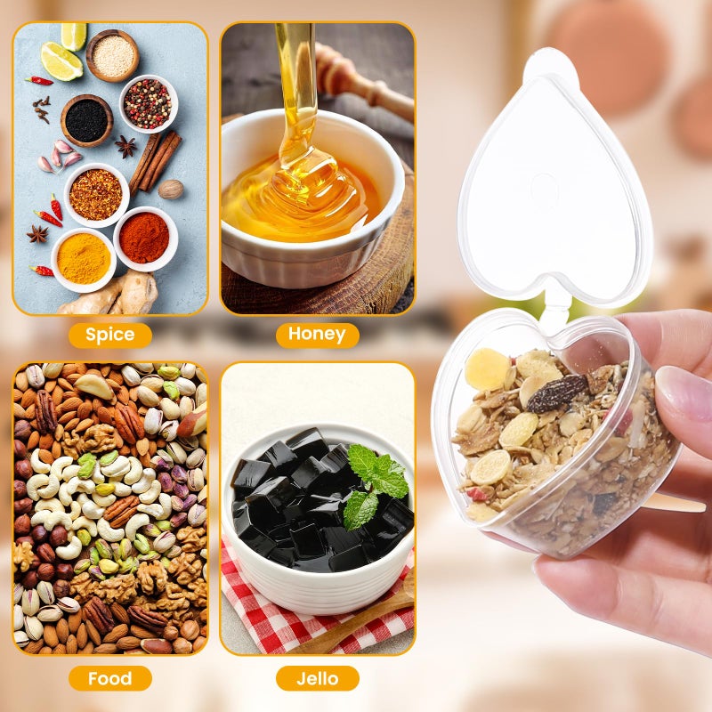 RONRONS 50 Pieces Disposable Sauce Cups with Lids, Plastic Heart Shaped Jello Shot Cup 1.5oz Clear Condiment Dressing Containers, Reusable Seasoning Portion Dispenser for Souffle Sample Slime - Image 4