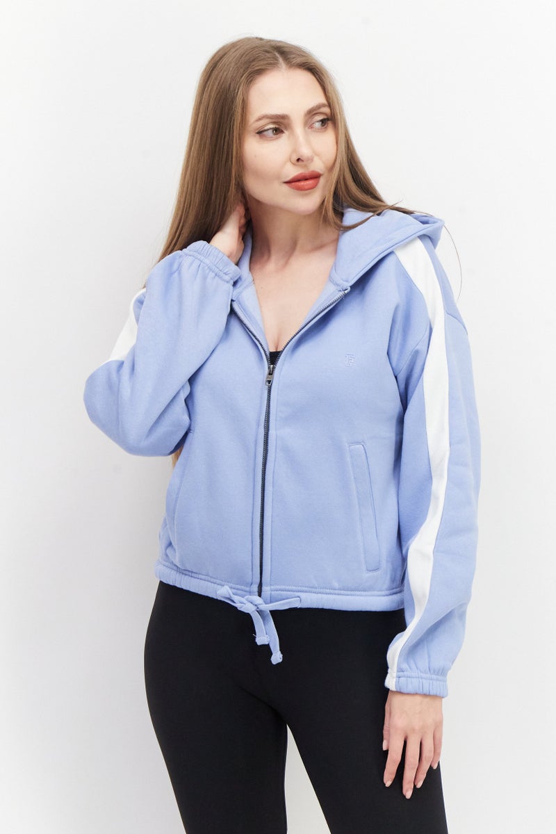 French Connection Women Hooded Long Sleeve Full Zip Brand Logo Sweatshirt, Light Blue - Image 1