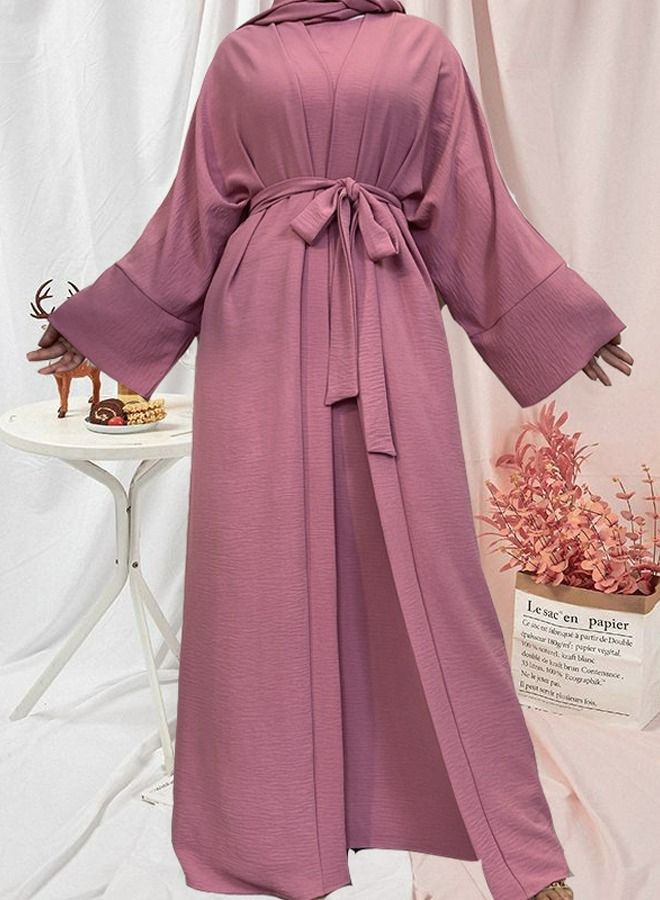 Loquat Women's Casual Long Dress Two-Piece Set Women's Solid Color Long Sleeves Abaya Suit Rose Pink 