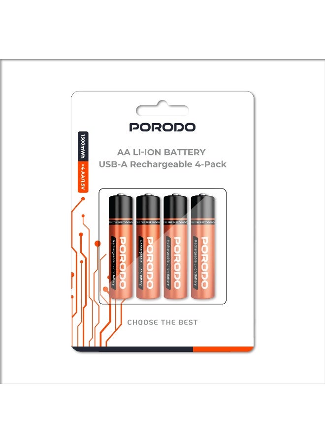 porodo 4 Pieces AA LI-ION Rechargeable Battery, USB-A Charging, Rechargeable Batteries 4-Pack - Orange