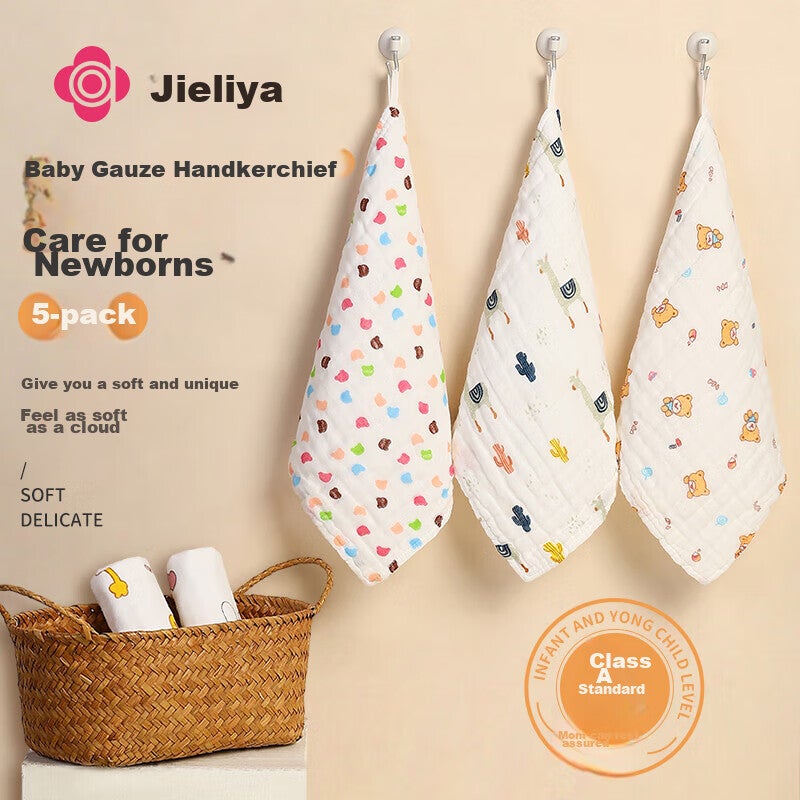 JD Jing Zao Grace Baby Small Towel Class A, 6-Layer Gauze Drool Bib, Children's Face Washing Square Towel, Pack of 5 - Image 3