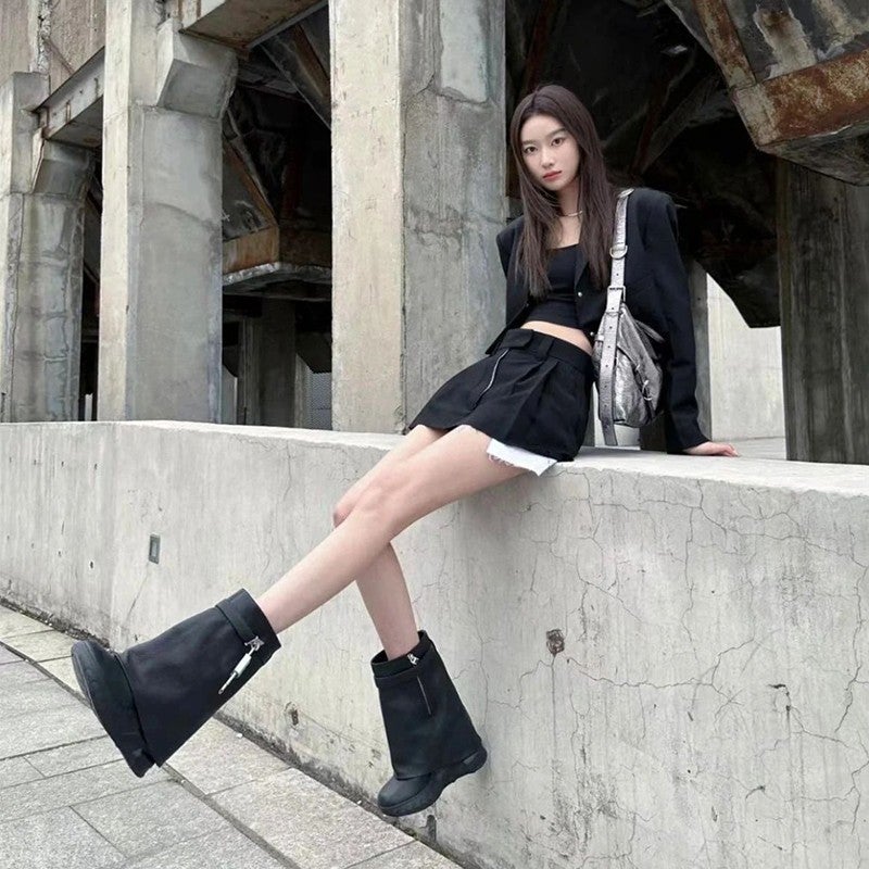 Yu Shuxin'S Same Style Boots Shark Boots Inner Heightening Short Boots For Women Thick-Soled Metal Lock Trouser Boots For Women - Image 4