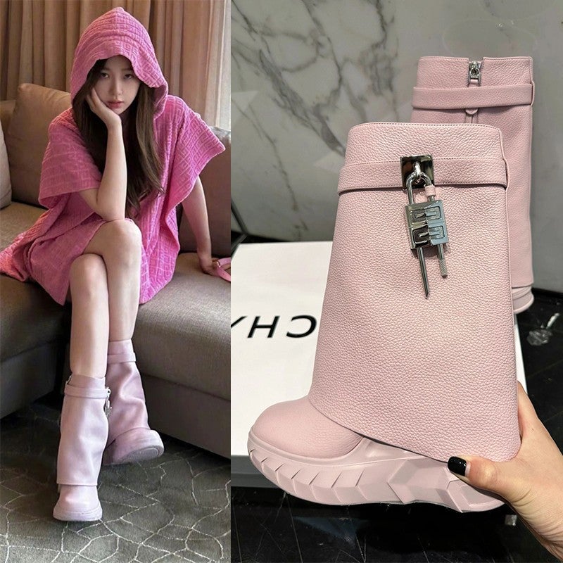 Yu Shuxin'S Same Style Boots Shark Boots Inner Heightening Short Boots For Women Thick-Soled Metal Lock Trouser Boots For Women - Image 2