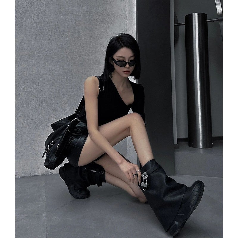 Yu Shuxin'S Same Style Boots Shark Boots Inner Heightening Short Boots For Women Thick-Soled Metal Lock Trouser Boots For Women - Image 5