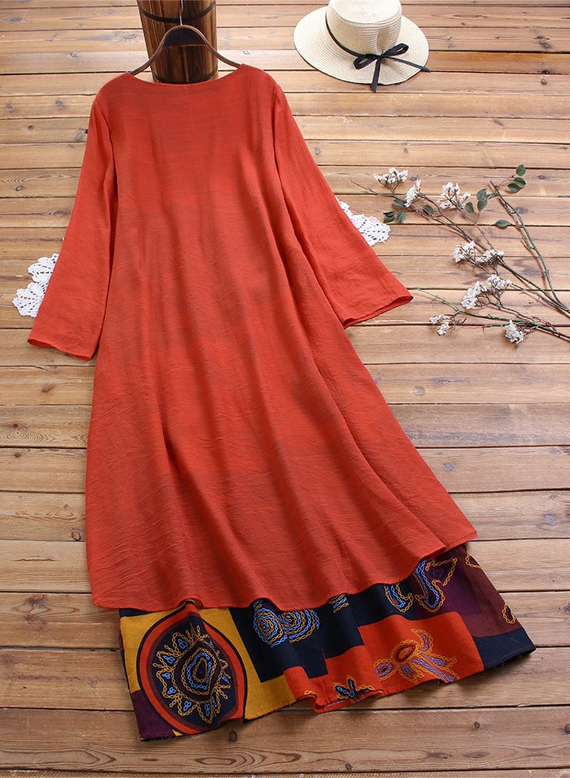 Loquat Women's Fashion With Indian Style Long Skirt Cotton Linen Breathable Dress Red - Image 2