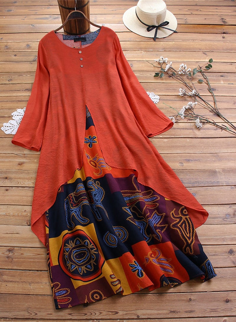 Loquat Women's Fashion With Indian Style Long Skirt Cotton Linen Breathable Dress Red - Image 1