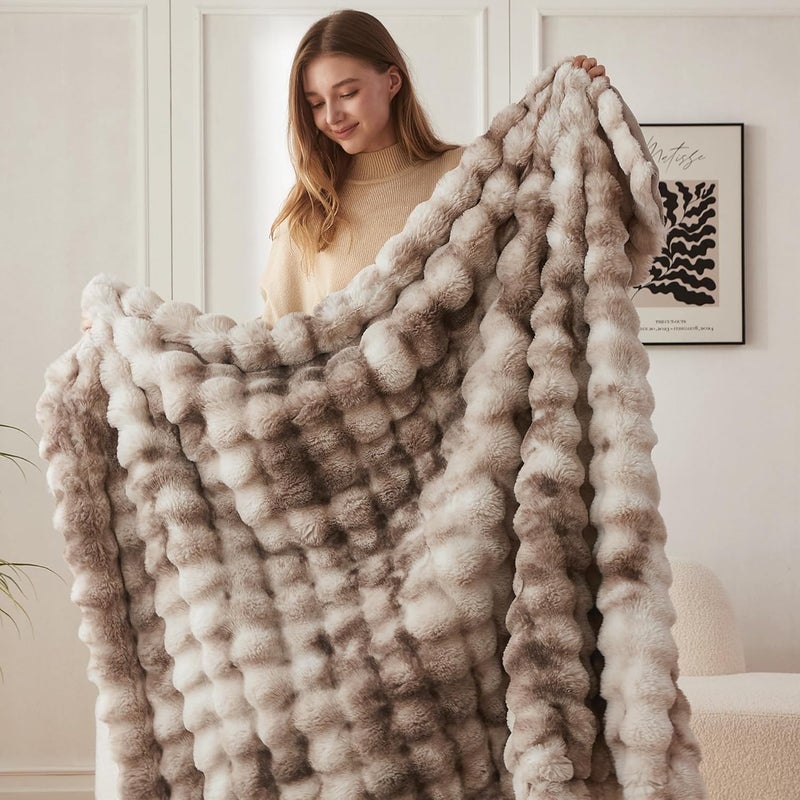 COOVA Faux Fur Throw Blanket for Couch, Cozy Soft and Fuzzy Plush Rabbit Fur Bubble Blanket for Sofa Bedroom Living Room, 60x80 Inches Tie Dye Brown - Image 4
