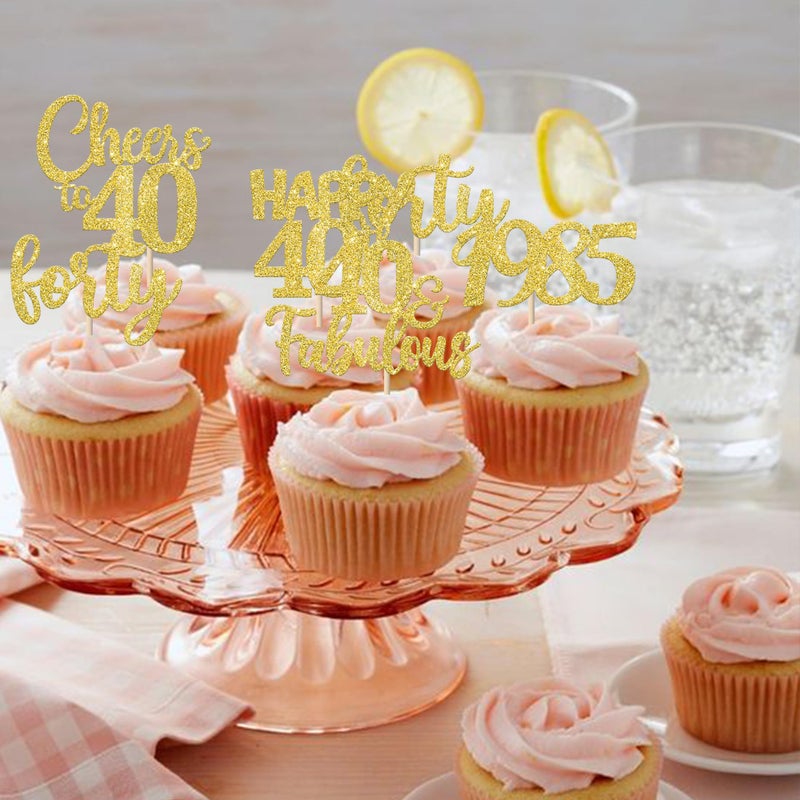 Rsstarxi 30 Pack Gold Glitter 40th Birthday Cupcake Toppers Forty Since 1985 Cheers to 40 Years Old Birthday Cupcake Picks for Happy 40th Birthday Anniversary Party Cake Decorations Supplies - Image 4