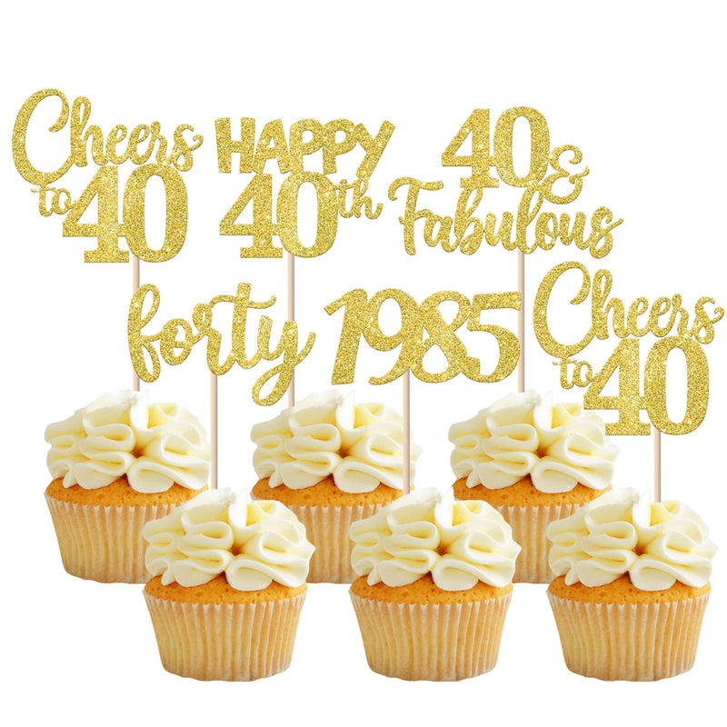 Rsstarxi 30 Pack Gold Glitter 40th Birthday Cupcake Toppers Forty Since 1985 Cheers to 40 Years Old Birthday Cupcake Picks for Happy 40th Birthday Anniversary Party Cake Decorations Supplies - Image 1