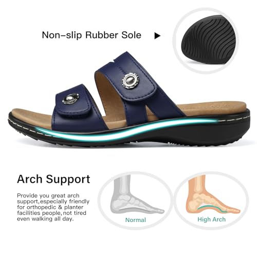 SHIBEVER Flat Sandals Women Dressy: Walking Comfortable - Arch Support Plantar Fasciitis Slides Sandals - Navy Blue Summer Sandal Size 10 - Image 4
