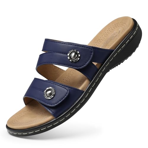 SHIBEVER Flat Sandals Women Dressy: Walking Comfortable - Arch Support Plantar Fasciitis Slides Sandals - Navy Blue Summer Sandal Size 10 - Image 1