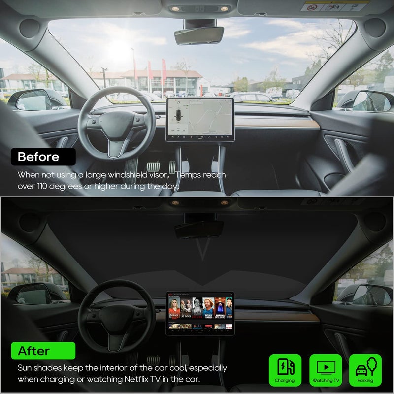 Junsungo Black Sunshade for Tesla Model 3/Y, Front Windshield Sun Visor, Full-Size Sun Shade, Blocks UV and Heat, Quick Fold with Storage Bag, Accessories for Tesla Model 3/Y (BW-Model 3-Y) - Image 2