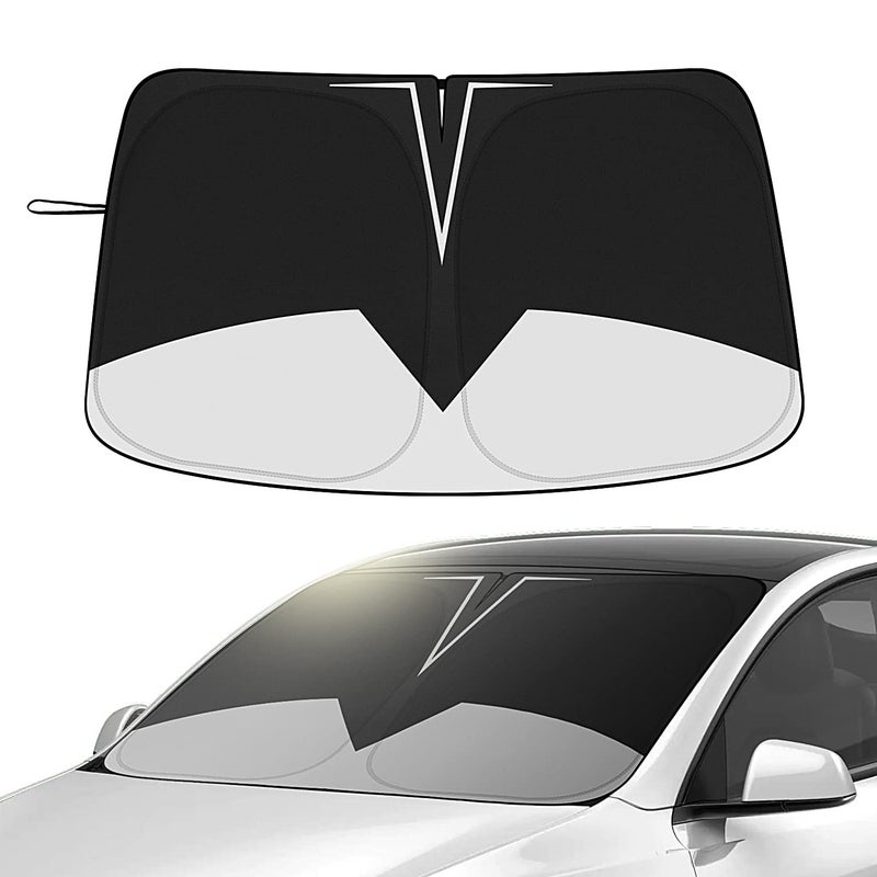 Junsungo Black Sunshade for Tesla Model 3/Y, Front Windshield Sun Visor, Full-Size Sun Shade, Blocks UV and Heat, Quick Fold with Storage Bag, Accessories for Tesla Model 3/Y (BW-Model 3-Y) - Image 3