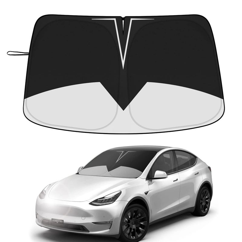 Junsungo Black Sunshade for Tesla Model 3/Y, Front Windshield Sun Visor, Full-Size Sun Shade, Blocks UV and Heat, Quick Fold with Storage Bag, Accessories for Tesla Model 3/Y (BW-Model 3-Y) - Image 1