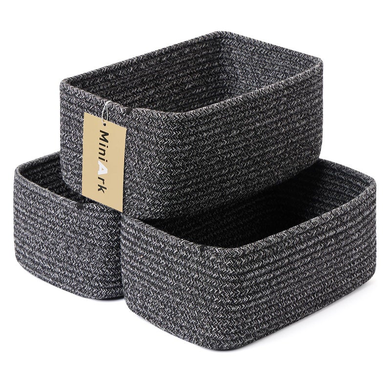 MiniArk Small Storage Baskets for Organizing | Closet Organizer Bins | Shelf Toy Basket | Woven Rope Baskets | Cube Decorative Box | Shallow Basket | 11.5x7.5x4.7â€ | 3 Packs Dark Gray - Image 1