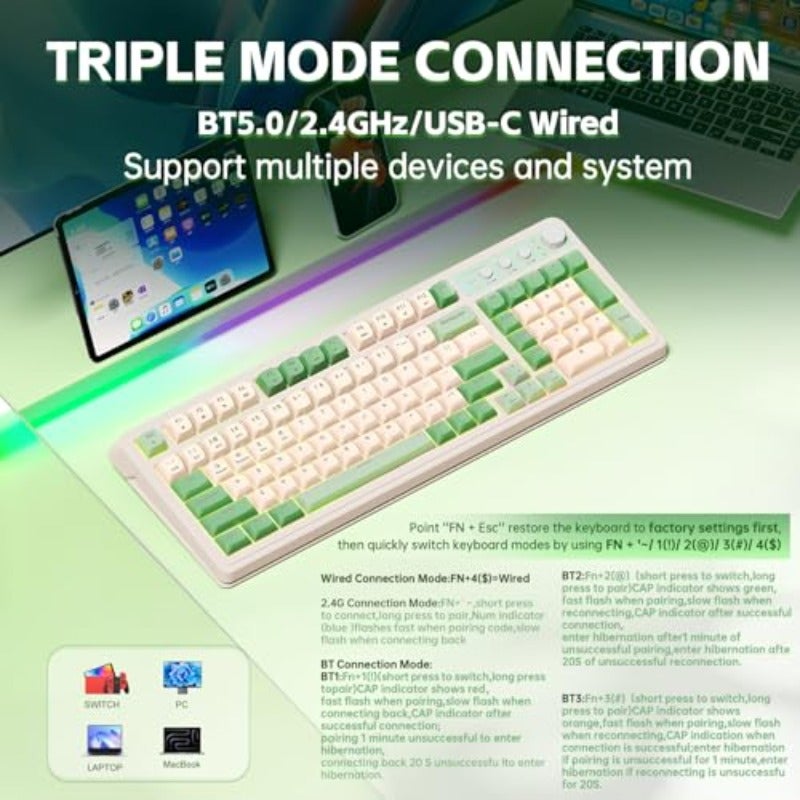 AULA S99 Gaming Keyboard Wireless Green Creamy Computer Keyboards Tri-Mode Bluetooth 2.4GHz USB-C Membrane Keyboard with Number Pad 99Keys RGB Backlit Programmable Creamy Silicone Structure - Image 3