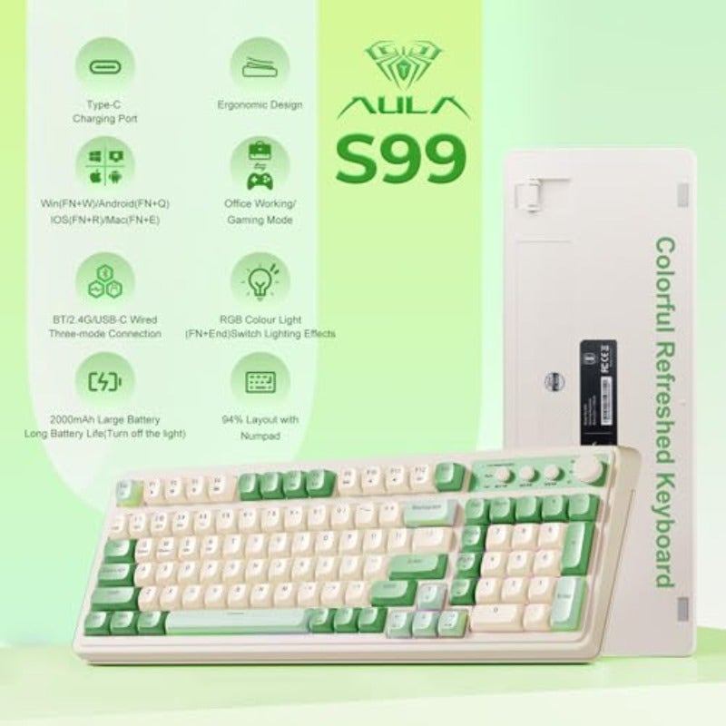 AULA S99 Gaming Keyboard Wireless Green Creamy Computer Keyboards Tri-Mode Bluetooth 2.4GHz USB-C Membrane Keyboard with Number Pad 99Keys RGB Backlit Programmable Creamy Silicone Structure - Image 2