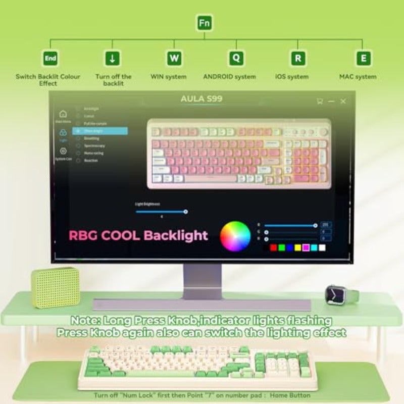 AULA S99 Gaming Keyboard Wireless Green Creamy Computer Keyboards Tri-Mode Bluetooth 2.4GHz USB-C Membrane Keyboard with Number Pad 99Keys RGB Backlit Programmable Creamy Silicone Structure - Image 4