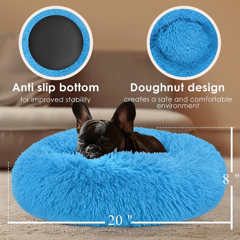 Hoewina Dog & Cat Bed, 20in Cat Beds for Indoor Cats, Calming Donut Bed for Puppy and Kitten, Washable Round Fluffy Pet Bed for Small Medium Dogs and Cats (Light Blue) - Image 3