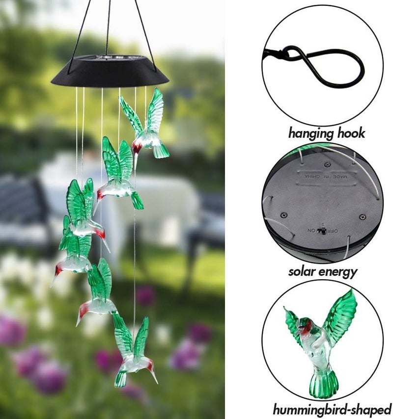 MorTime LED Solar Hummingbird Wind Chime, 25" Mobile Hanging Wind Chime for Home Garden Decoration, Automatic Light Changing Color(Hummingbird) - Image 3