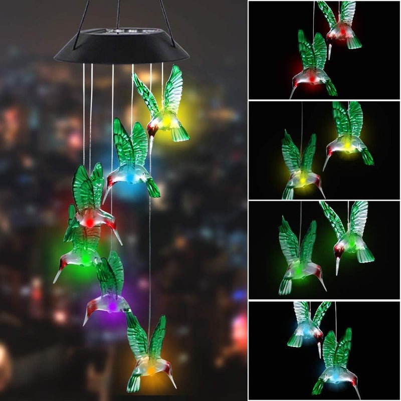 MorTime LED Solar Hummingbird Wind Chime, 25" Mobile Hanging Wind Chime for Home Garden Decoration, Automatic Light Changing Color(Hummingbird) - Image 1