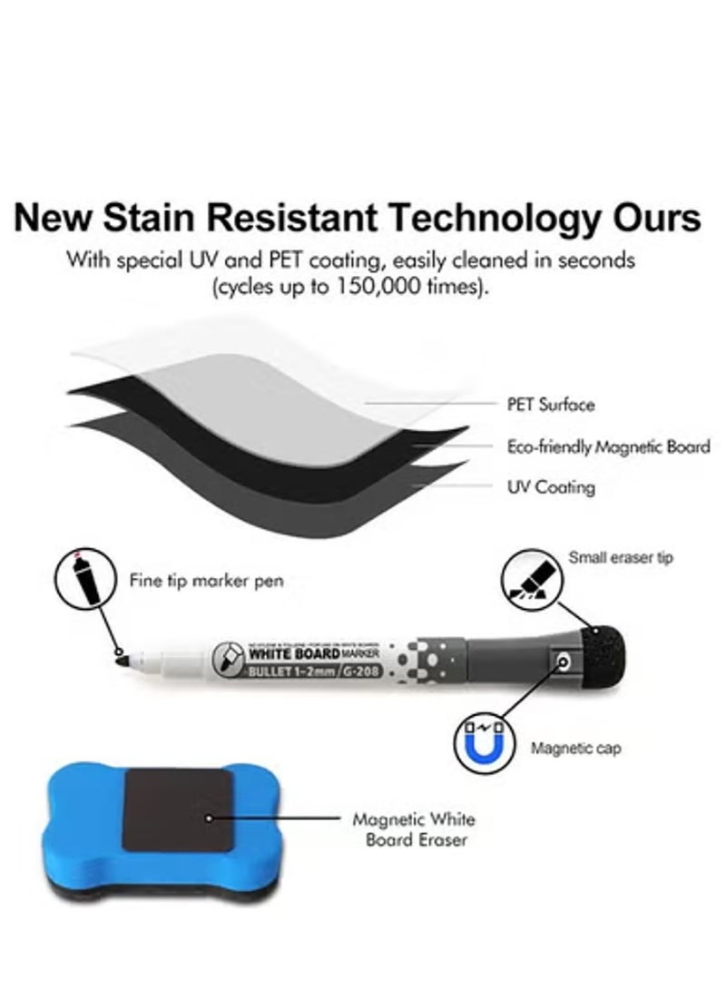A3 ملصق لوح ابيض مغناطيسي قابل للمسح الجاف للثلاجة بقياس 42x30 سم - بتقنية مقاومة للبقع - يتضمن 3 اقلام تخطيط برؤوس رفيعة وممحاة كبيرة بمغناطيس- لوح ابيض للثلاجة للتنظيم والتخطيط - Image 4