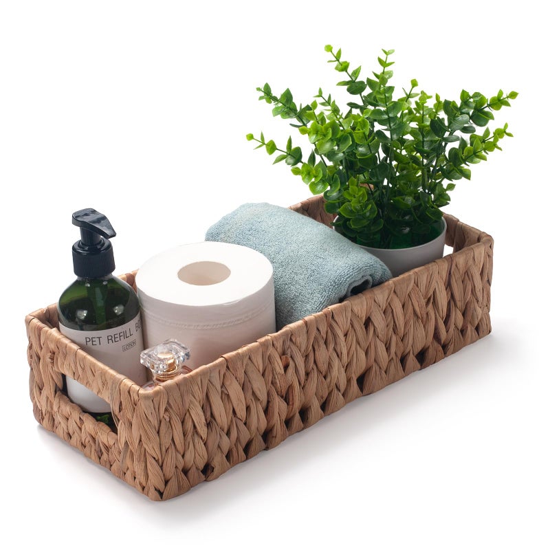 IVAILEX Toilet Paper Basket for Back of Toilet Water Hyacinth Long Narrow Wicker Bathroom Storage Basket with Built-in Handles 14.2 x 6.5 x 3.7 inch - Image 1
