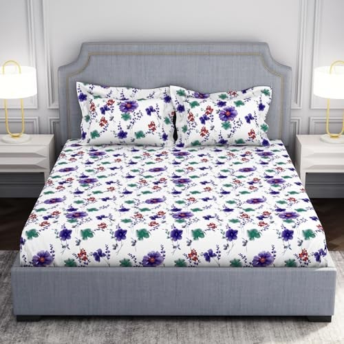 Welspun Microfiber Double Bedsheet (220 Cm X 240 Cm / 43 Cm X 68 Cm) | 105 Tc Sateen Floral Bedsheet & Pillow Covers Set (Blanc De Blanc)- Adore - Image 1