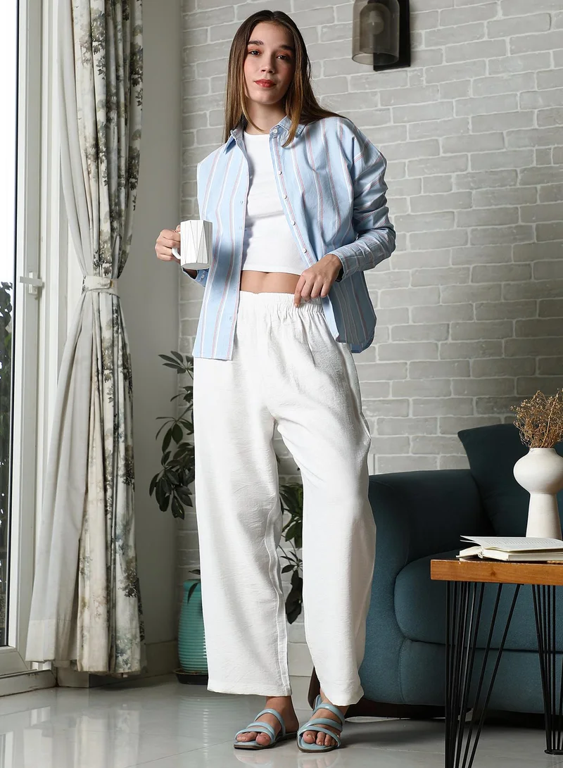 Campus Sutra Women's Baby Blue Striped Oversized Shirt For Casual Wear | Spread Collar | Long Cuffed Sleeves | Button Closure | Oversized Shirt Crafted With Comfort Fit For Everyday Wear