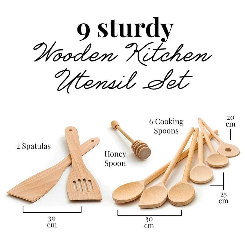 tuuli Kitchen - 9-Piece Wooden Cooking Utensils Set, Specially Designed Solid Beechwood Wooden Spoons, Wood Spatula and Honey Dipper, Durable Wooden Utensils for Everyday Use - Image 2