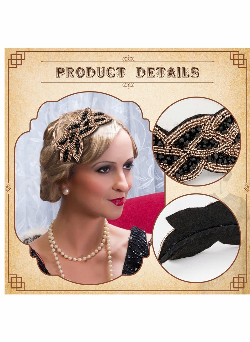 إسكدنيا Headbands, Flapper Headbands, 1920s Vintage Flapper Headpiece 20s Headbands, for Women Rhinestone Beaded Leaf Hairband, 3PCS (Navy Blue, White, Black Gold) - Image 3