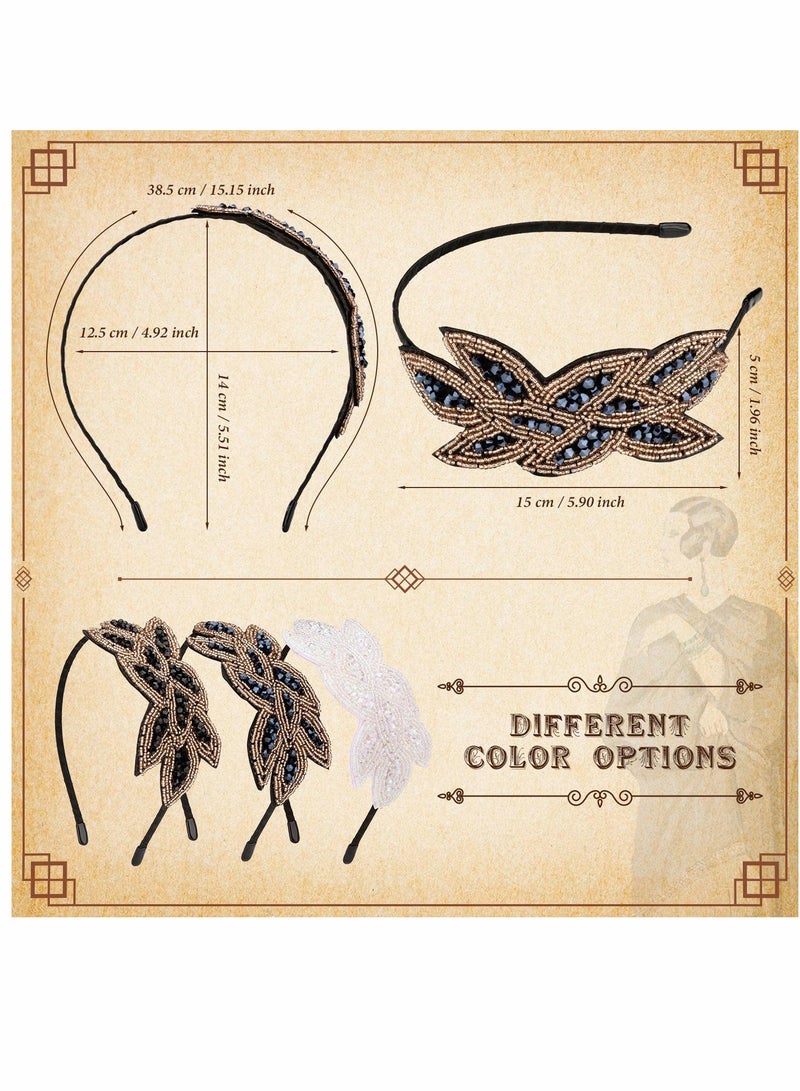 إسكدنيا Headbands, Flapper Headbands, 1920s Vintage Flapper Headpiece 20s Headbands, for Women Rhinestone Beaded Leaf Hairband, 3PCS (Navy Blue, White, Black Gold) - Image 5