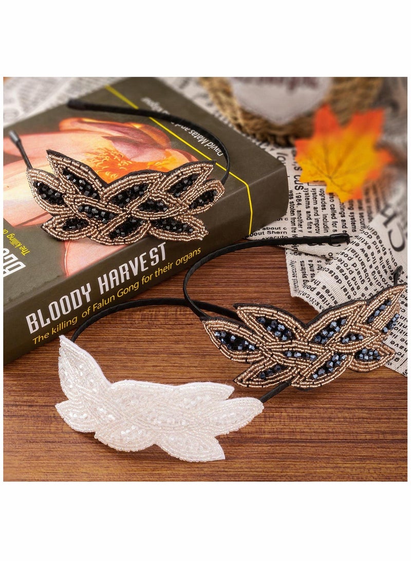إسكدنيا Headbands, Flapper Headbands, 1920s Vintage Flapper Headpiece 20s Headbands, for Women Rhinestone Beaded Leaf Hairband, 3PCS (Navy Blue, White, Black Gold) - Image 2