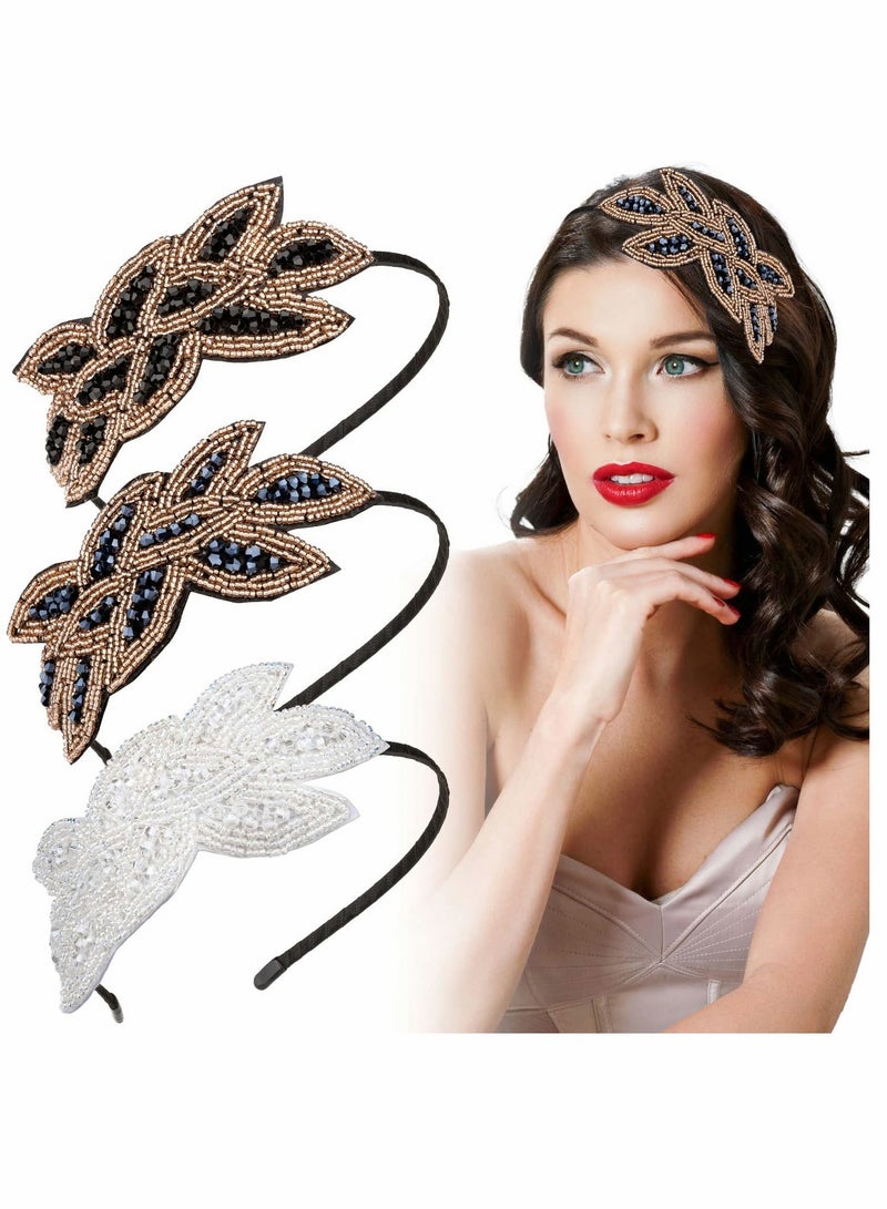 إسكدنيا Headbands, Flapper Headbands, 1920s Vintage Flapper Headpiece 20s Headbands, for Women Rhinestone Beaded Leaf Hairband, 3PCS (Navy Blue, White, Black Gold) - Image 1