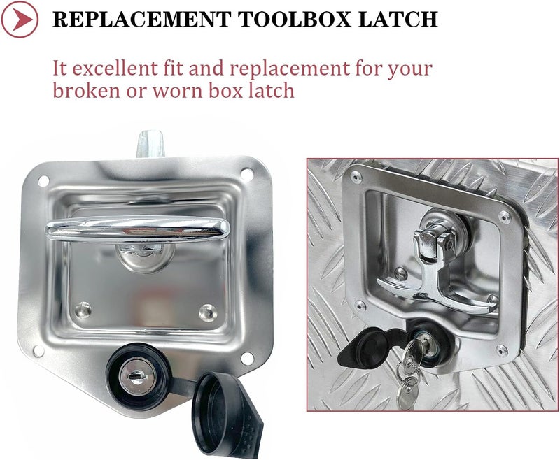 SKARUMMER L8815 Tool Box Latch T Handle Latches with Lock Highly Polished Stainless Steel Tool Box Locks for Trailer Door RV Camper Truck Bed Toolboxes - Folding T-Handle Latch with Gasket - Image 3