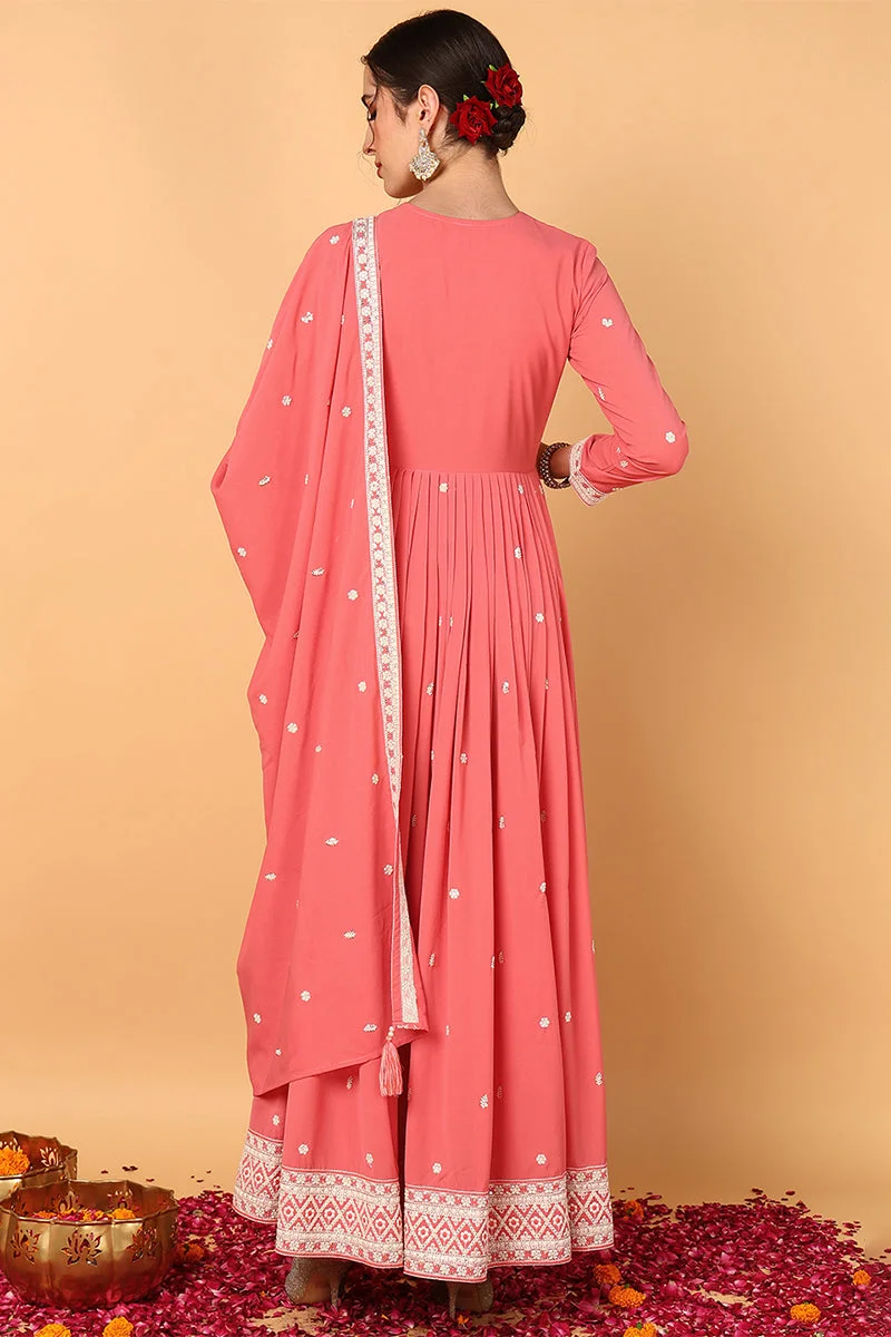 ZERESOUQ Pink Georgette Thread Work Embroidered 2-Piece Anarkali Set