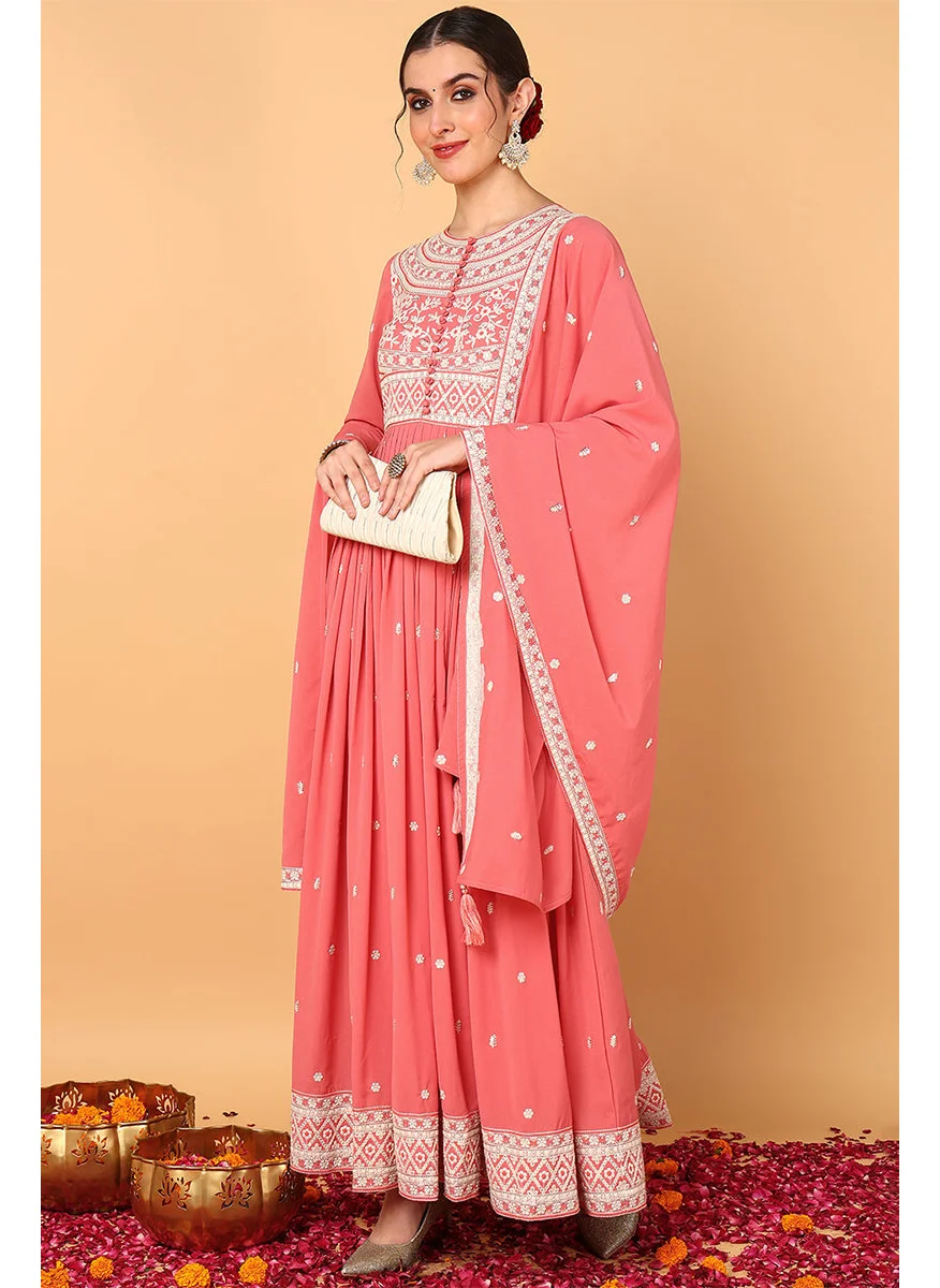زيري سوق Pink Georgette Thread Work Embroidered 2-Piece Anarkali Set