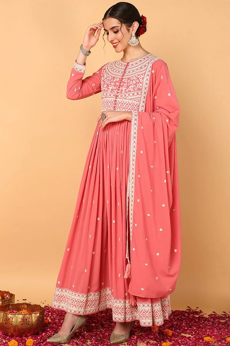 ZERESOUQ Pink Georgette Thread Work Embroidered 2-Piece Anarkali Set