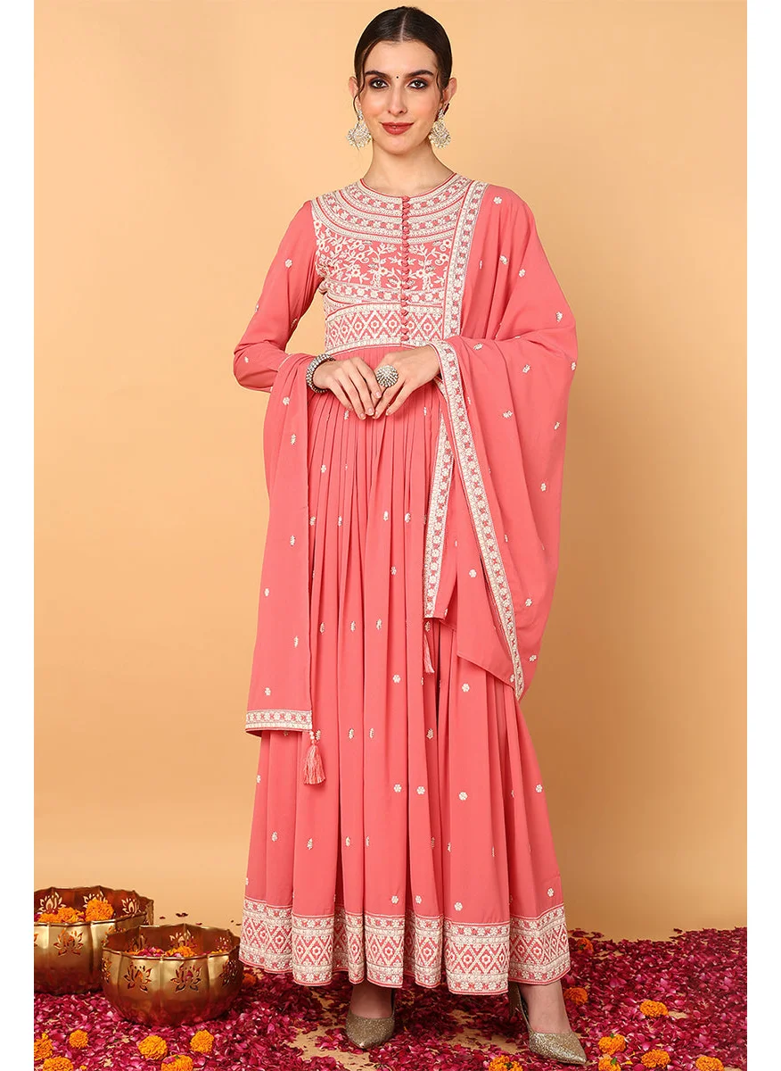 زيري سوق Pink Georgette Thread Work Embroidered 2-Piece Anarkali Set