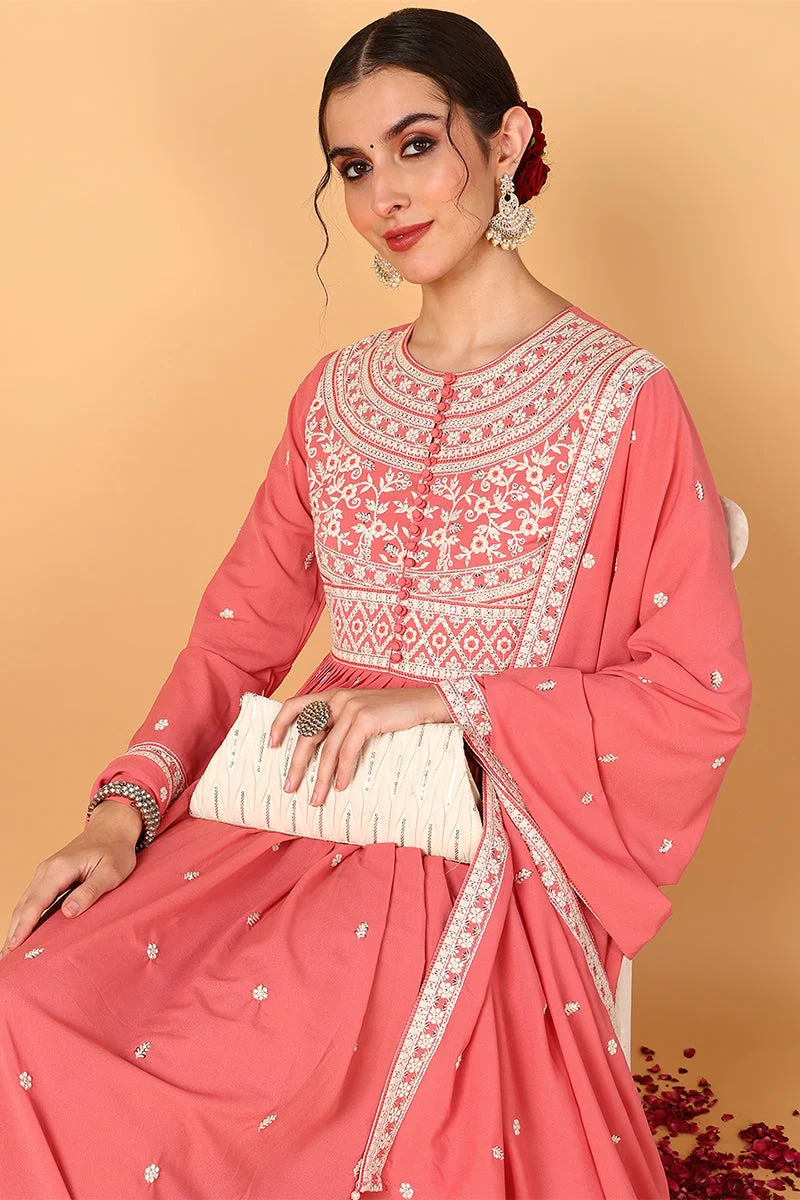 ZERESOUQ Pink Georgette Thread Work Embroidered 2-Piece Anarkali Set