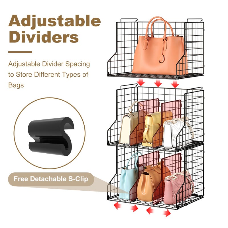 Sonyabecca Purse Storage Organizer for Closet : Adjustable 3-Pack Dividers Handbag Organizer - Stackable Wire Handbags Storage Baskets -Open Cabinets Wallets Tote Chain Bags Clutches - Image 3